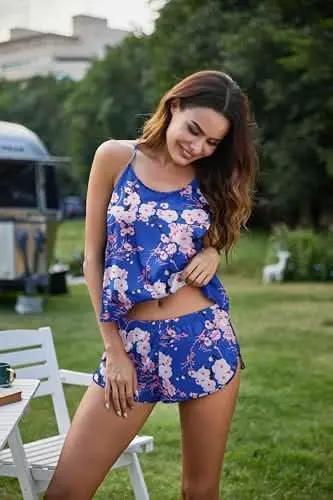 Silk Pajamas Set for Women Satin Backless Lingerie Pjs Cami Top and Shorts Nightwear - Love Salve